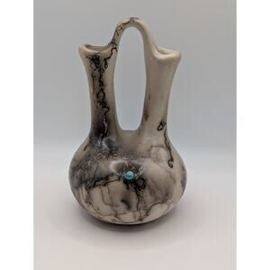 Navajo Horsehair Wedding Vase Turquoise Inlay Signed MT Native American Art